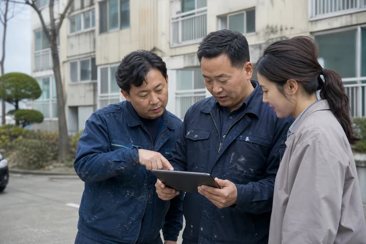 A site manager, painter, and client reviewing an exterior repaint on a tablet