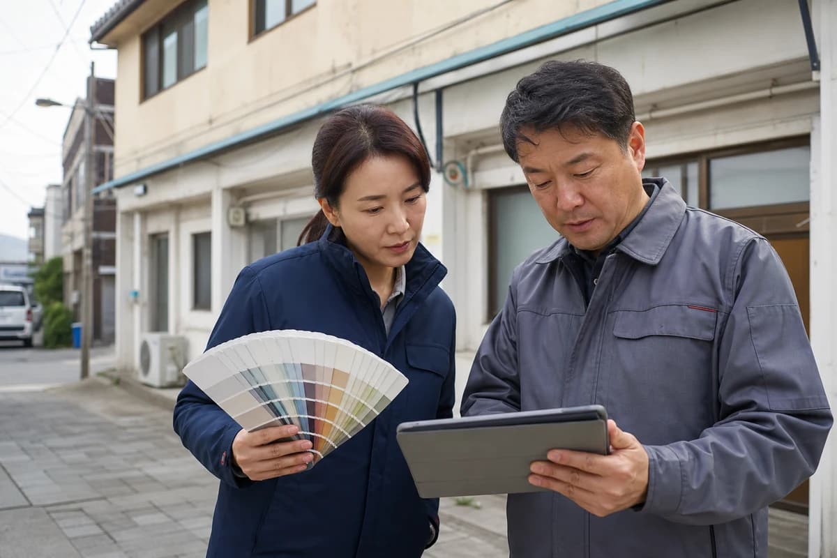 Painting staff comparing a physical color fan with a site preview on a tablet