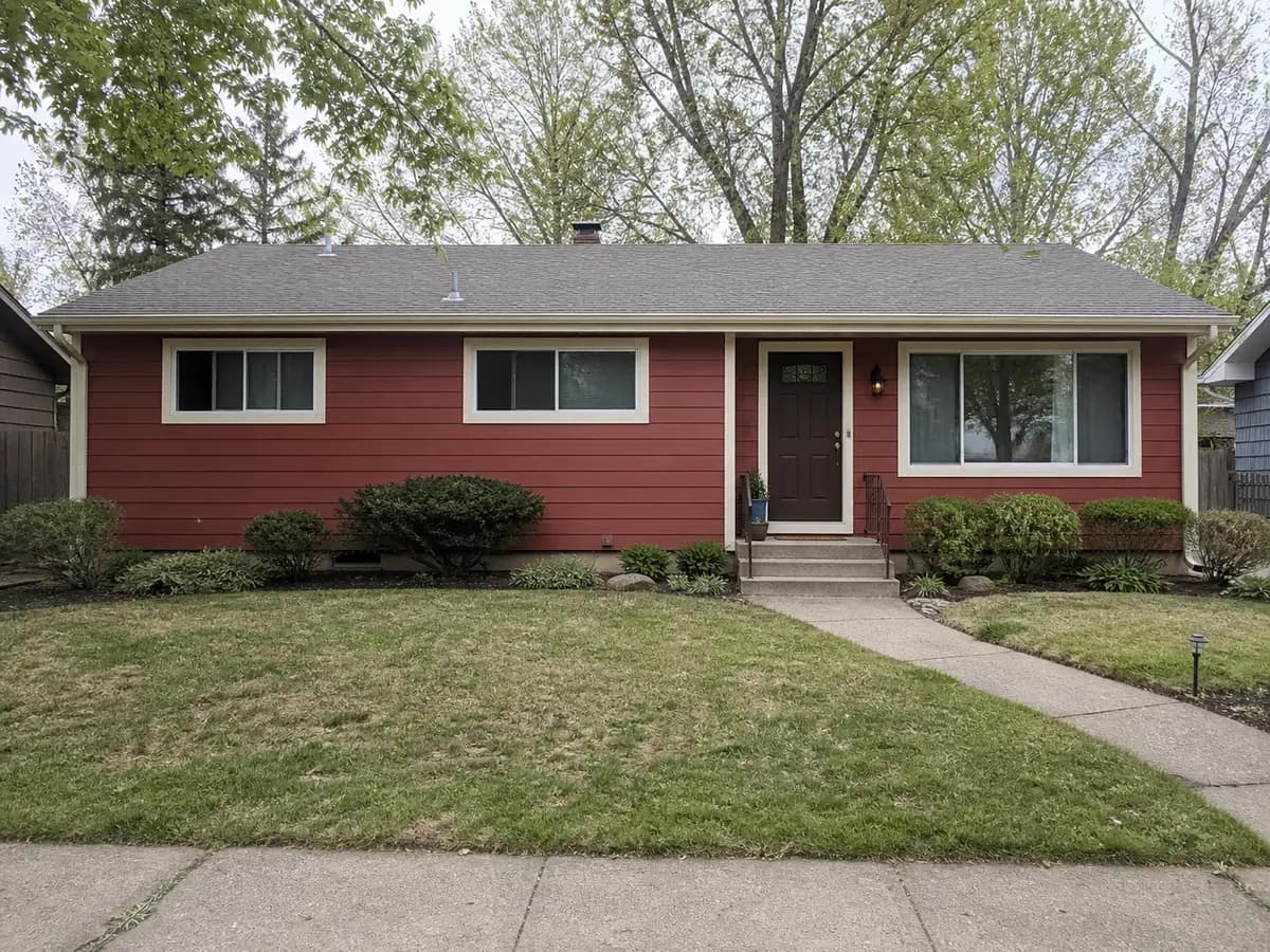 A completed muted-red North American single-storey house exterior option