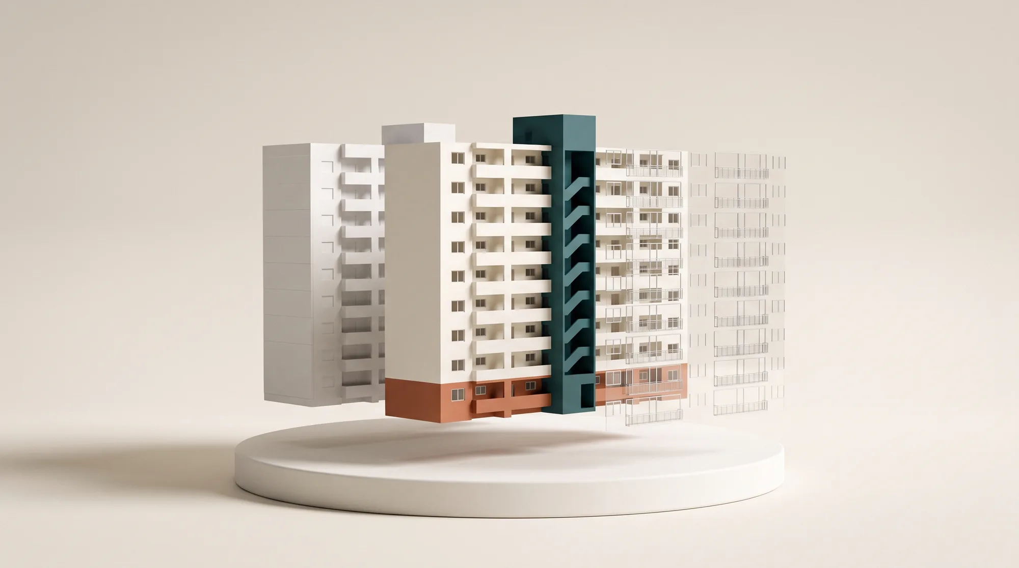 An exploded view of the apartment model: the building shape, painted facade and windows floating as separate layers