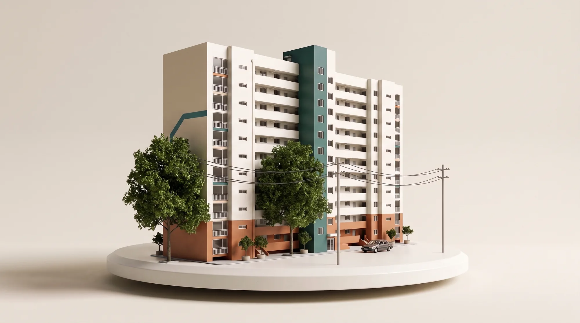 An apartment model with trees, wires and a car in front of it